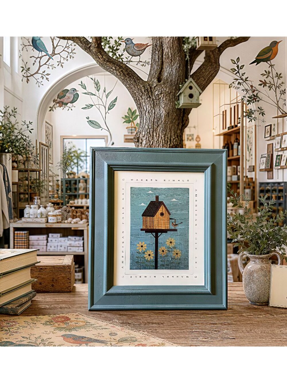 Warren Kimble print, framed folk art, birdhouse wall art, Americana artwork